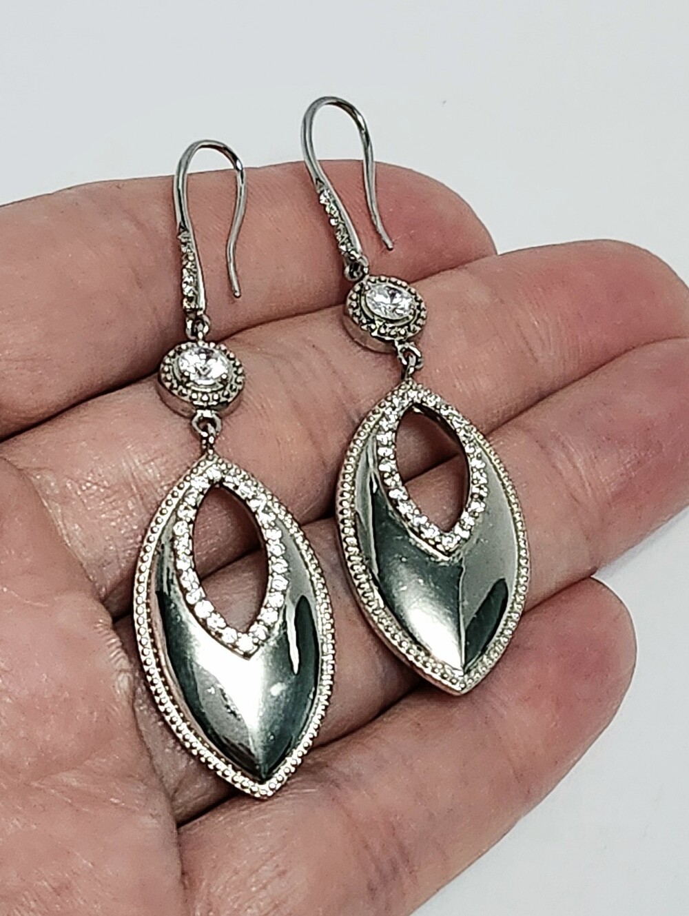 Sterling Silver Marquise Drop Earrings Halo with Stones 2.25"